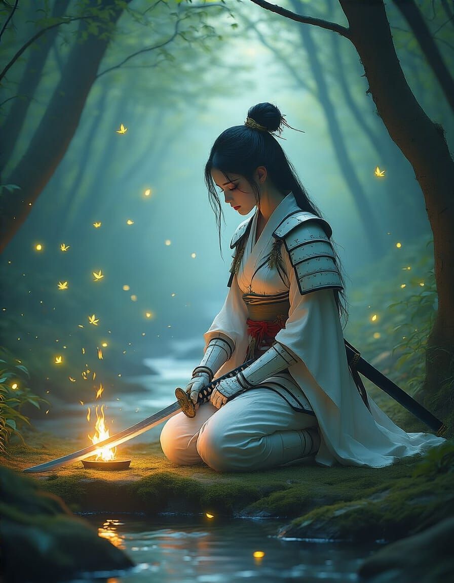 Ethereal Samurai Kneels at Altar in Bioluminescent Grove