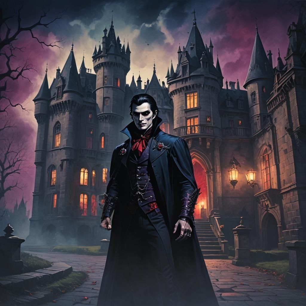 Vampir Kont with Elegant Bottle in Front of a Mysterious Cas...