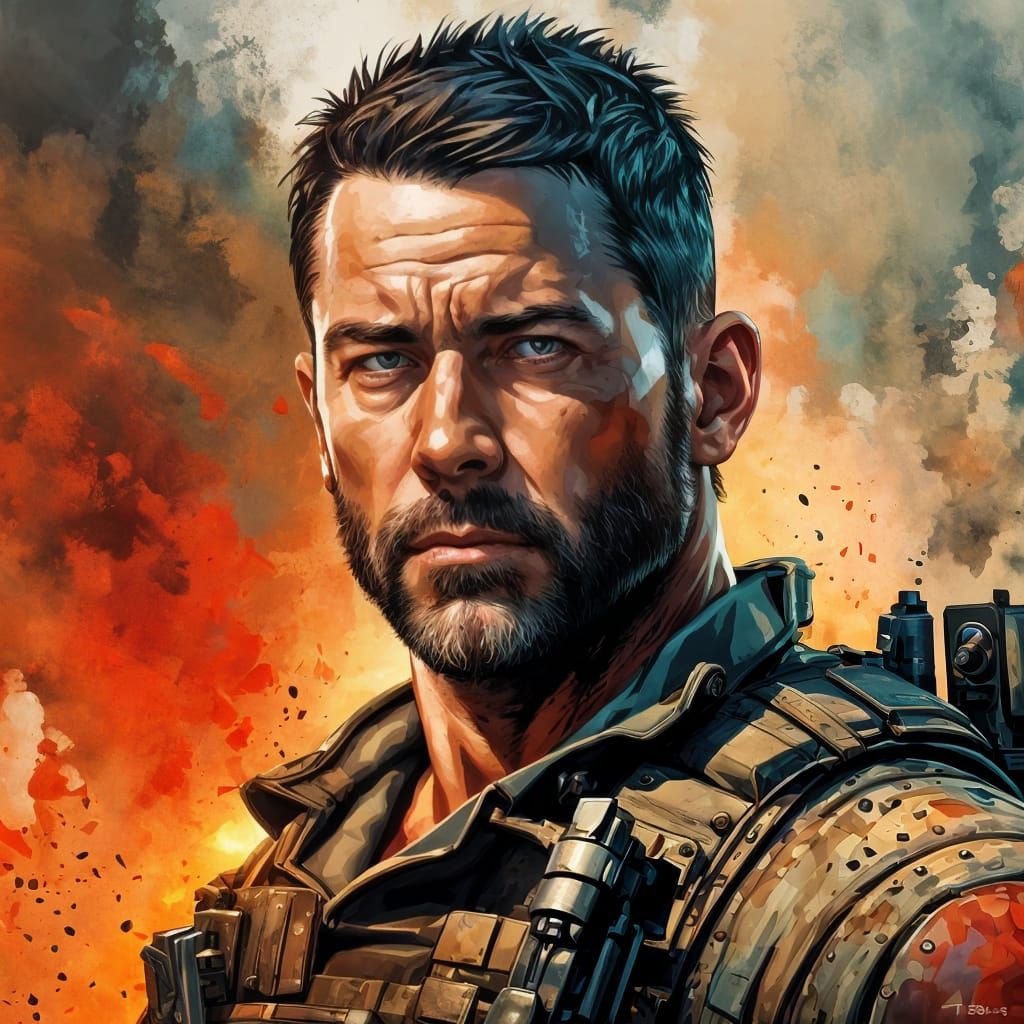 Hyperrealistic Mercenary Portrait with Dramatic Lighting