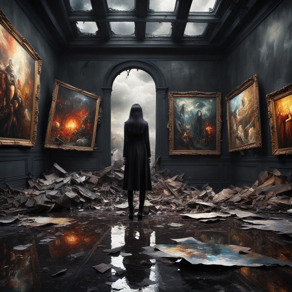 Damaged Art Gallery with Goth Model in Oil Painting