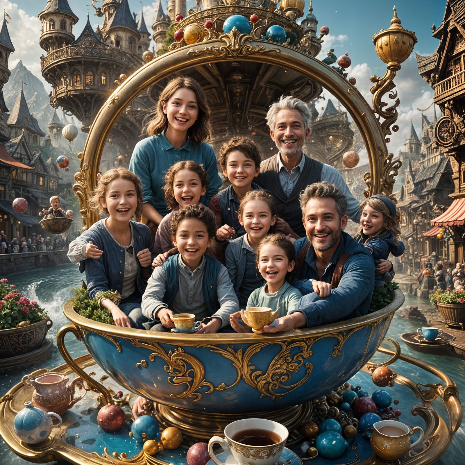 Jubilant Family on Teacup Ride in Hyperrealism
