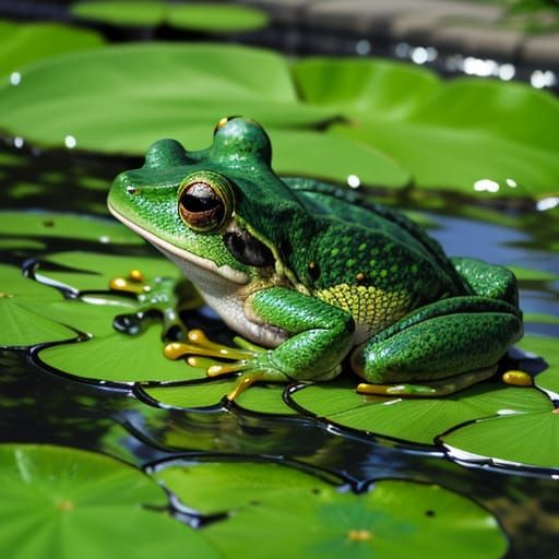 Hyperrealistic Frog on a Pondside Trampoline