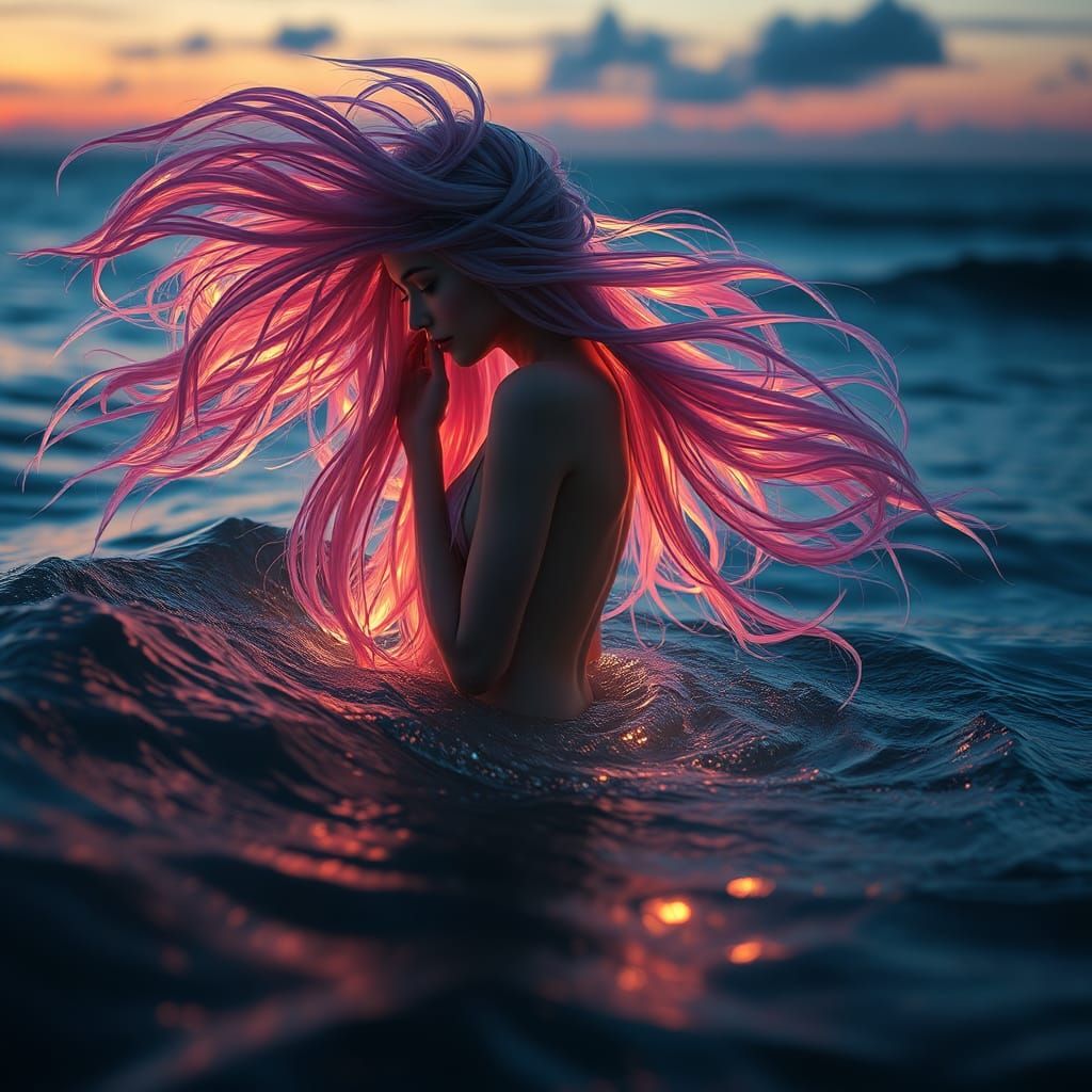 Ethereal Woman Emerges from Twilight Ocean