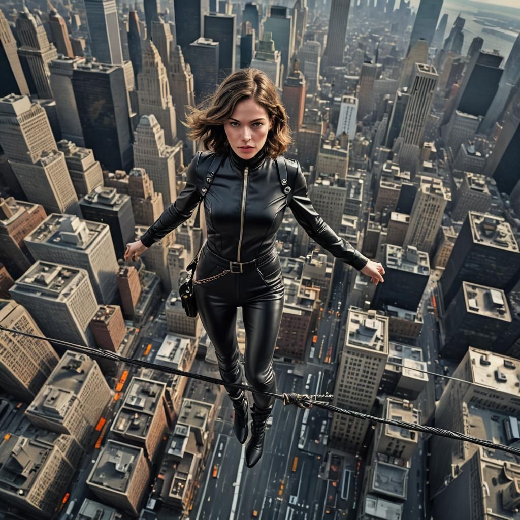 Woman in Leather Catsuit Walks Tightrope Above New York