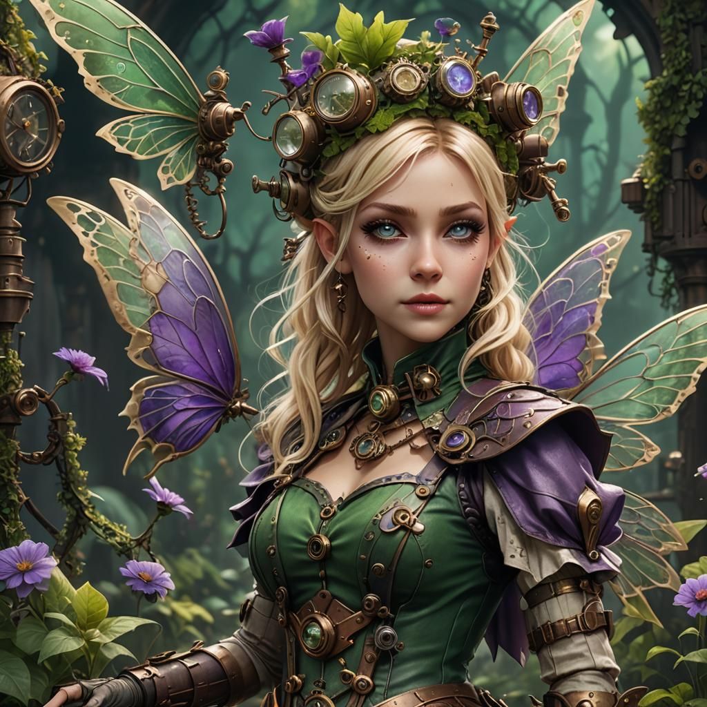 Steampunk Fairy in Greens and Purples