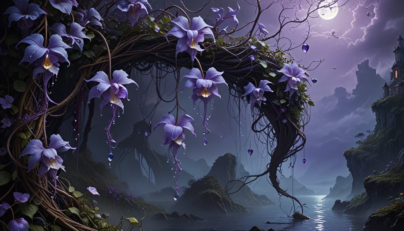 Surreal Vine Weeping Luminous Dew in Moody Lighting