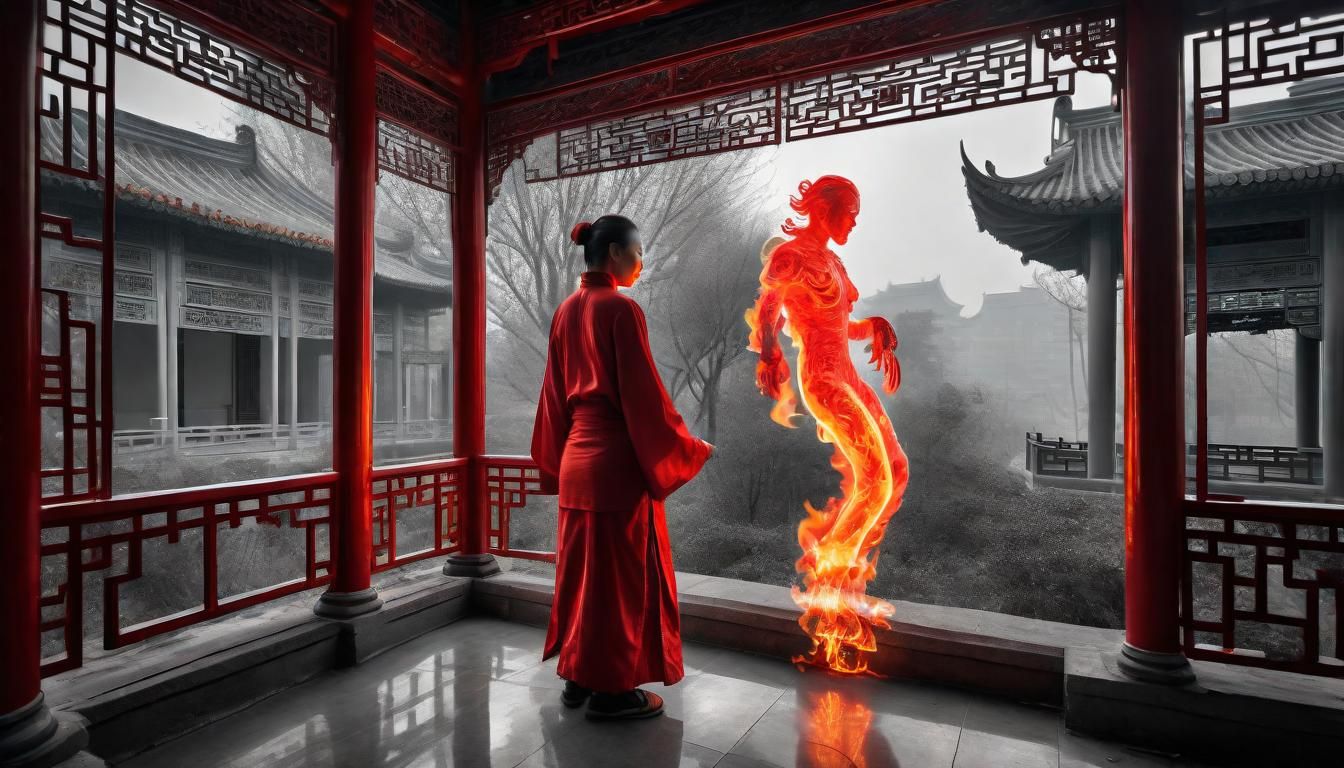 Flaming Figure in Ghostly Ambiance: Hyperrealistic Rendering
