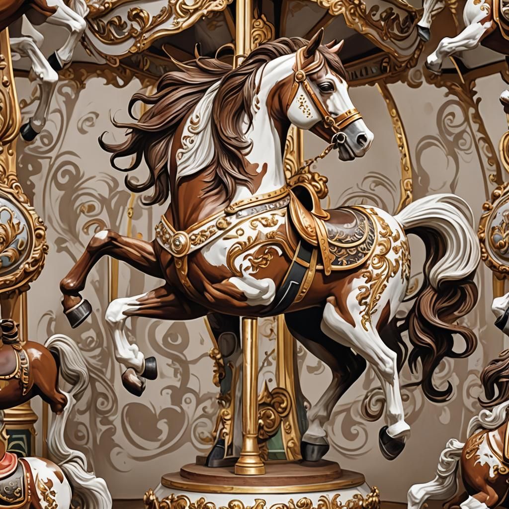 Vintage Carousel Horse in Brown and White Paint