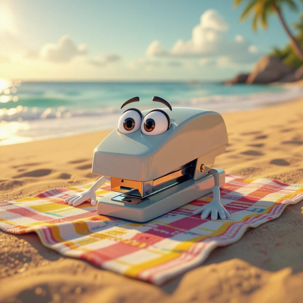 Whimsical 3D Stapler Relaxing on a Sunny Beach Towel