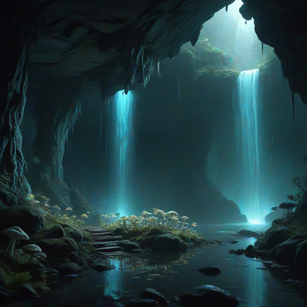 Bioluminescent Cave with Waterfall and Mushrooms in Dark Fan...