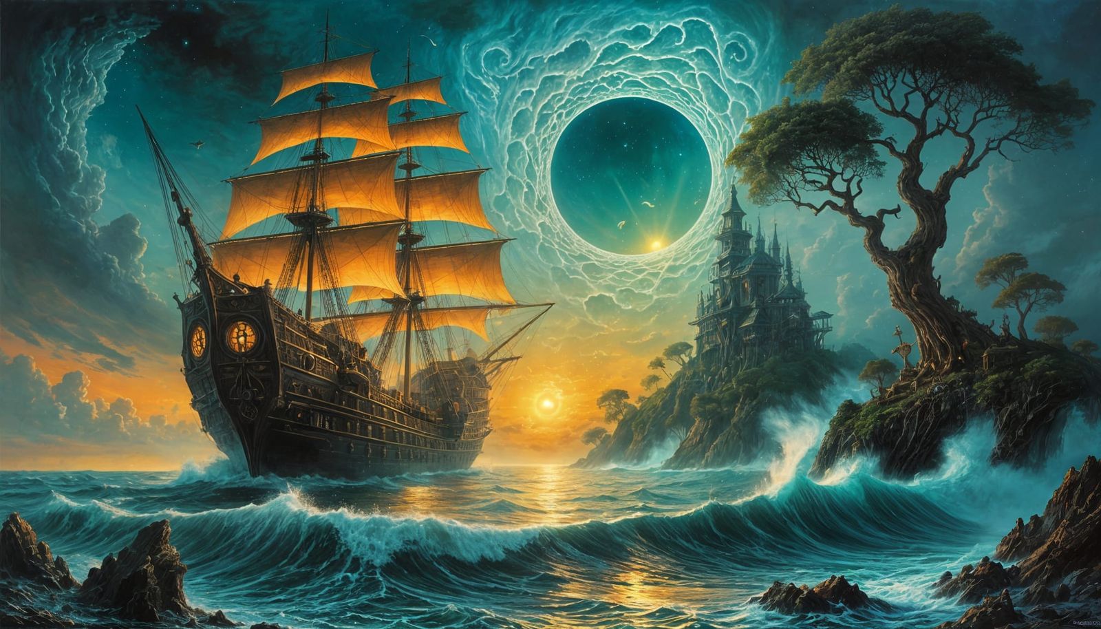 Surreal Pirate Ship Emerges from Glowing Nebula Portal