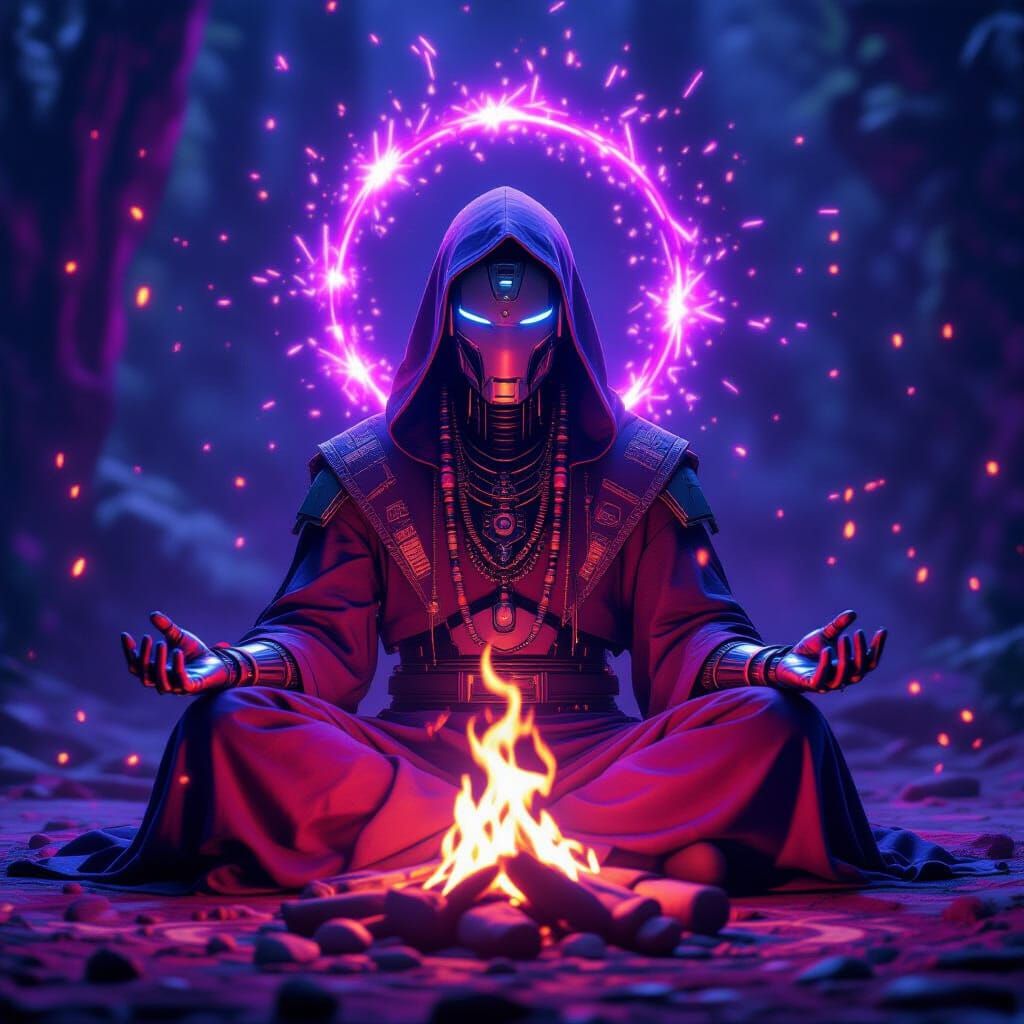 Robot Shaman in Cyberpunk Tribal Style