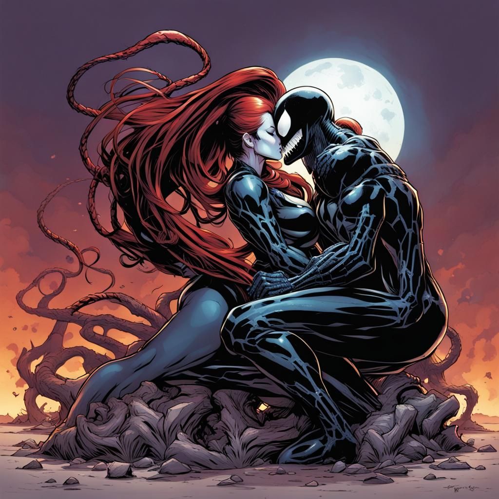 She-Venom and Venom Kiss in Comic Book Art