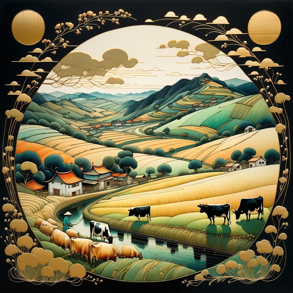 Embroidered Rural Landscape with Watercolor Details