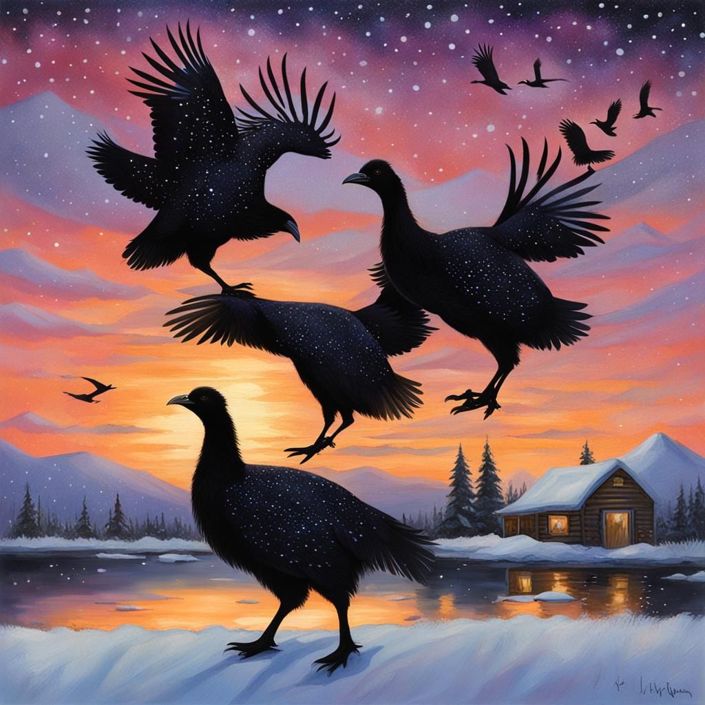 Birds Pulling Sleigh at Sunset