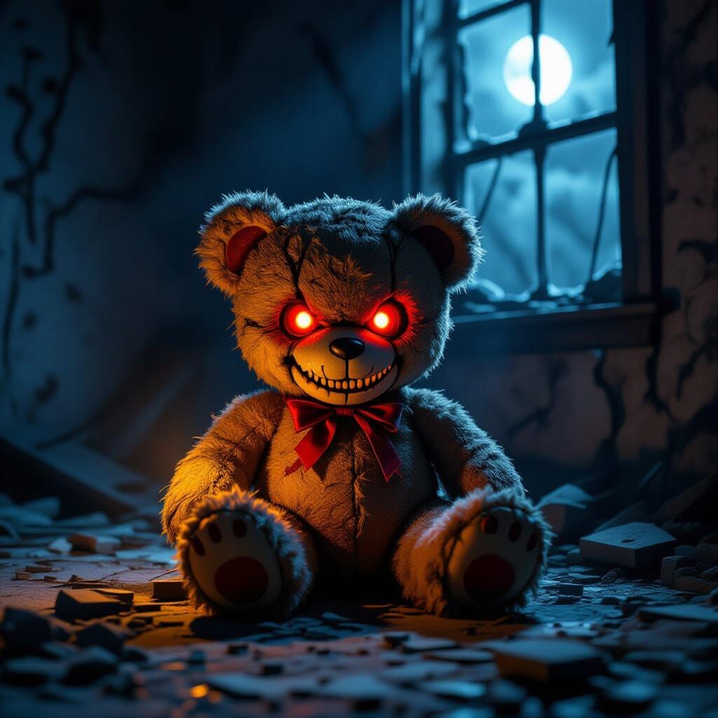 Evil Teddy Bear in Ruined Playroom, Dark Surreal Style