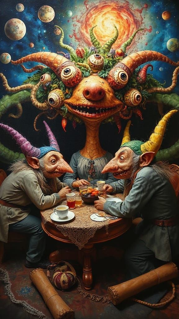 Dwarves in Whimsical Wonderland Tea Party Scene