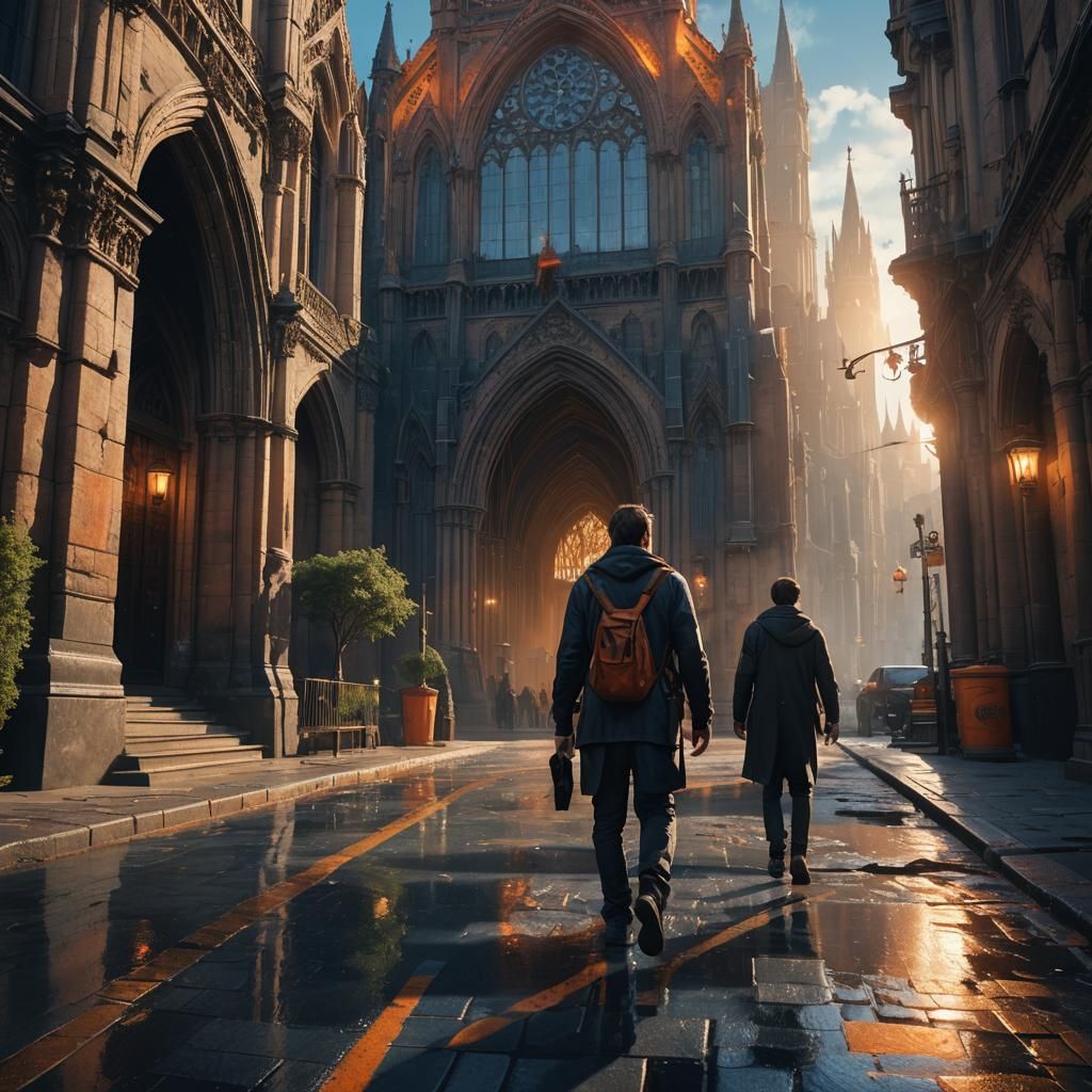 Man Smiles Walking City Street in Fantasy Art Style