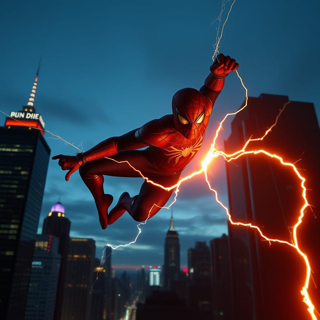 Spiderman Battles Glowing Enemy in Neon Cityscape