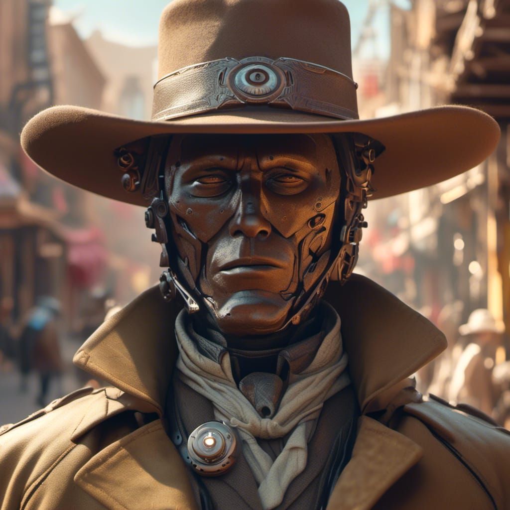 Futuristic Robot Cowboy in Western Town