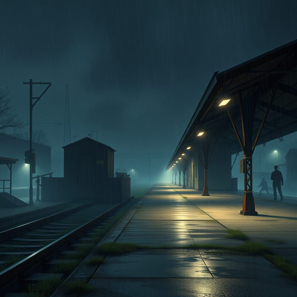 Lonely Summer Train Station in a Foggy Rainy Night