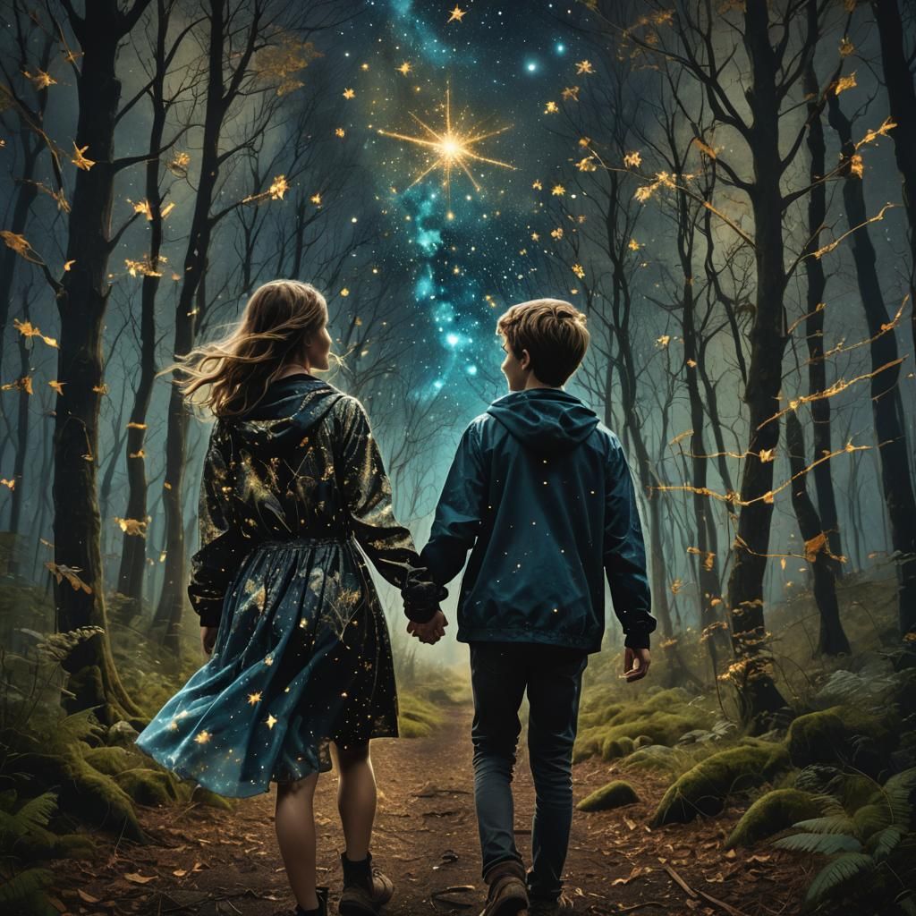 Magical Double Exposure: Teens and Swirling Stars