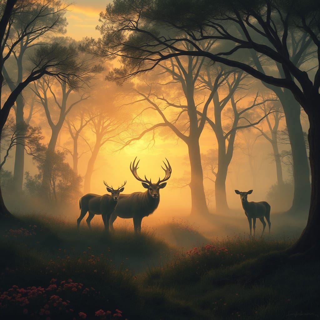 Romanticized Forest Scene in Warm Golden Light