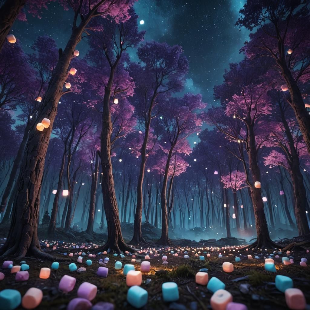 Multi-colored marshmallows growing on trees in the forest.