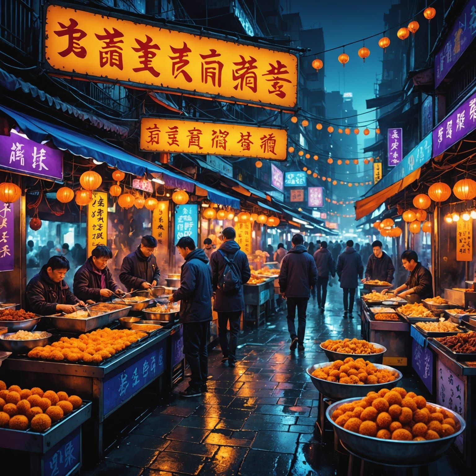Surreal Night Market in Vibrant Neon Hues
