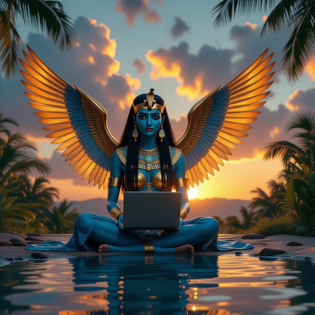 Ancient Goddess With Laptop Reflects Sunset in Water