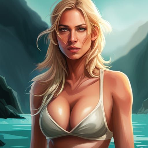 Blonde Woman Portrait with Waterfall Backdrop