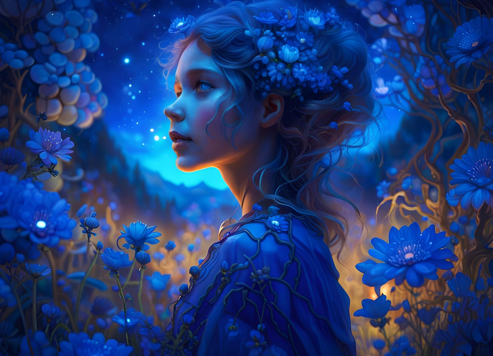 Girl Under Night Sky with Blue Flowers