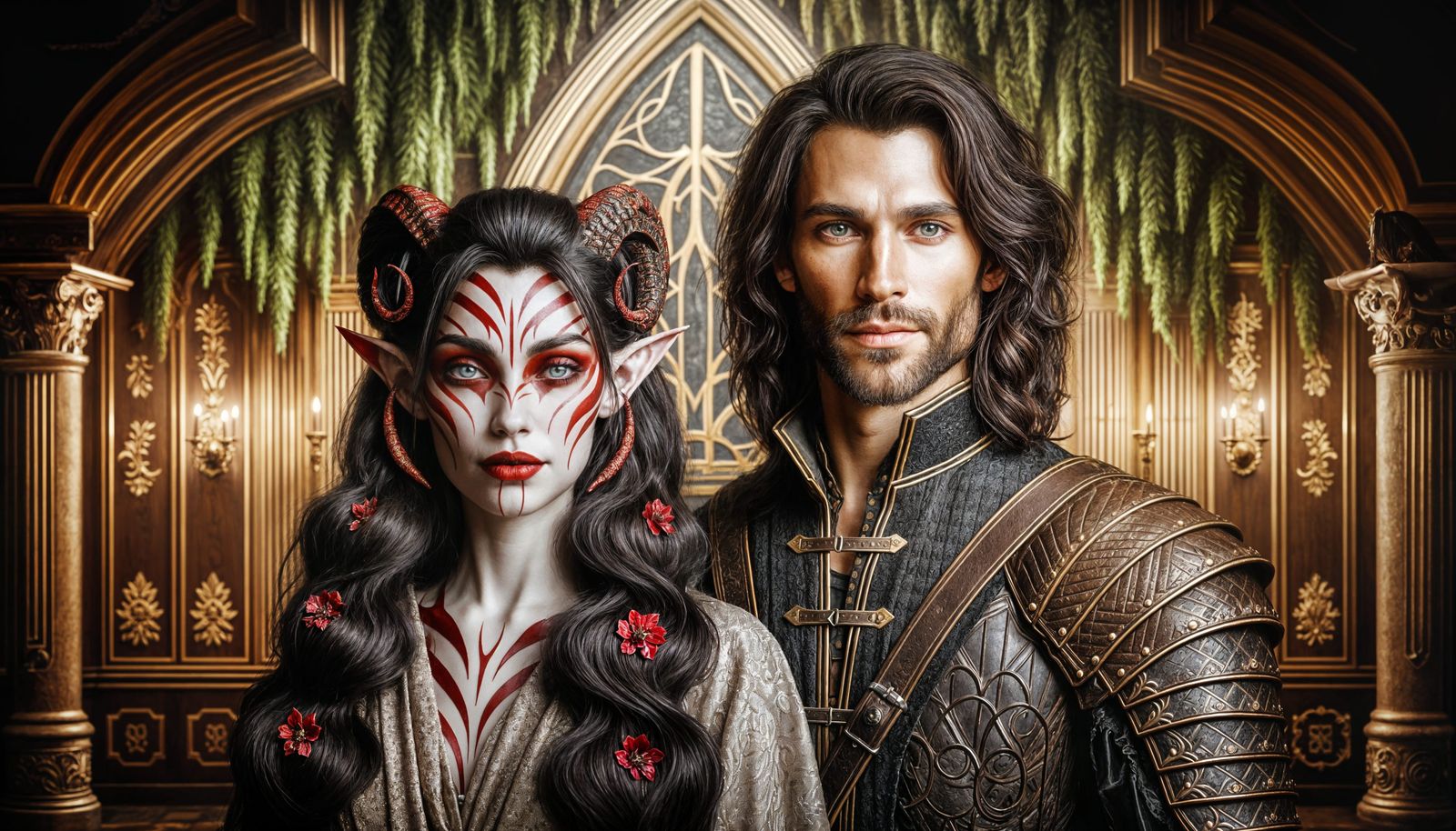 Tiefling Woman and Man in Cozy Cabin Portrait