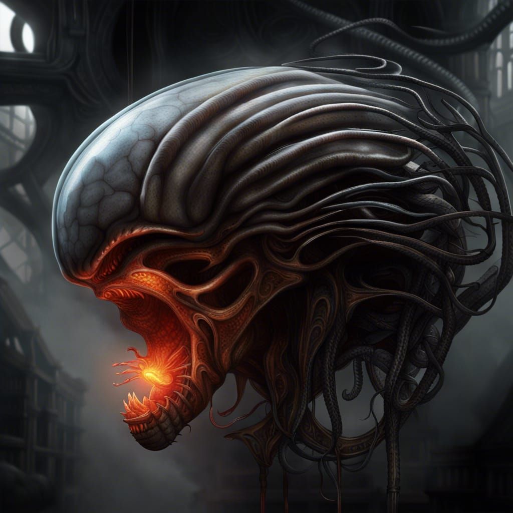 Sentient Floating Brain Roaring in Hellish Landscape