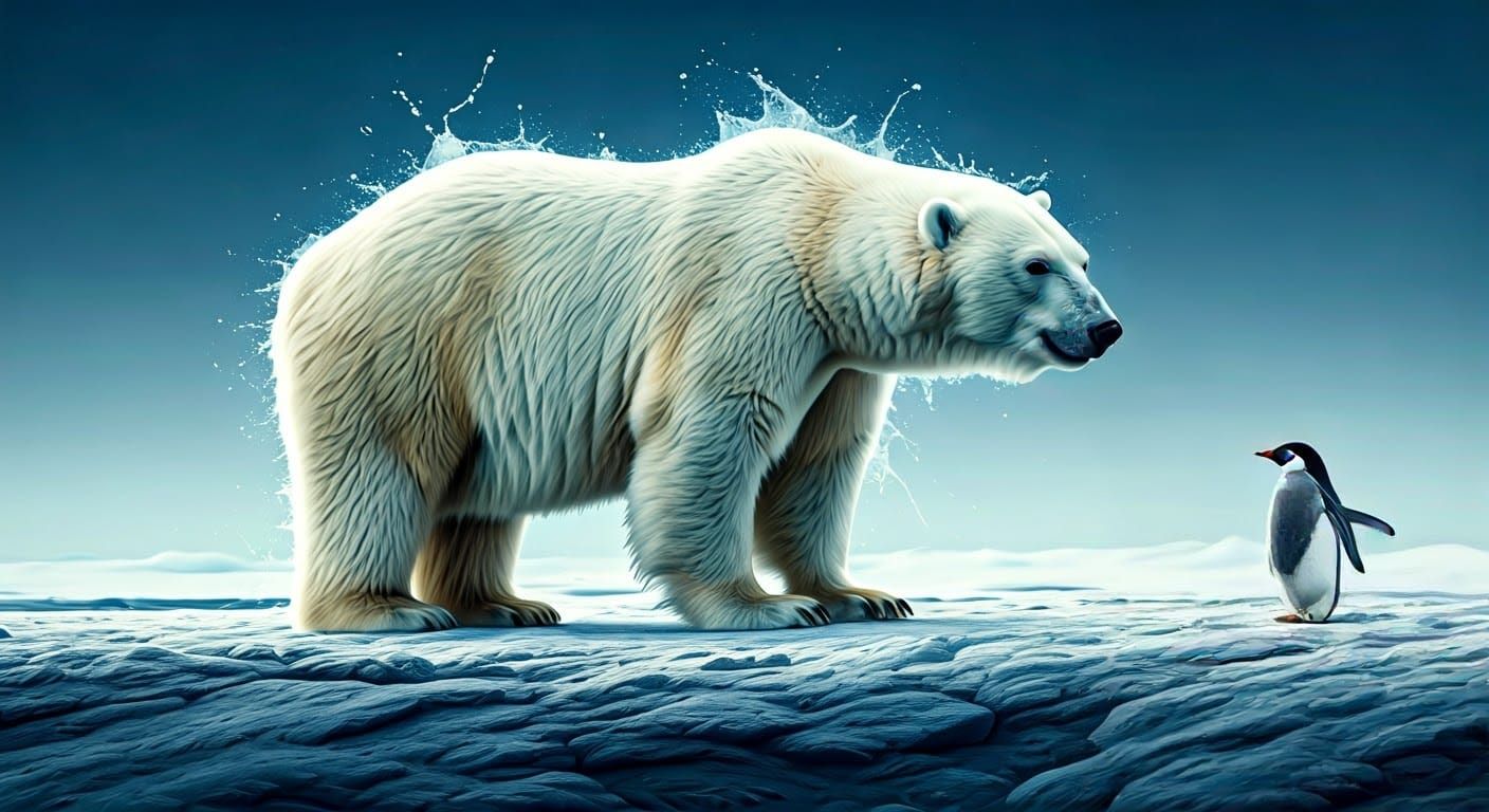 Penguin and Polar Bear on Arctic Ice