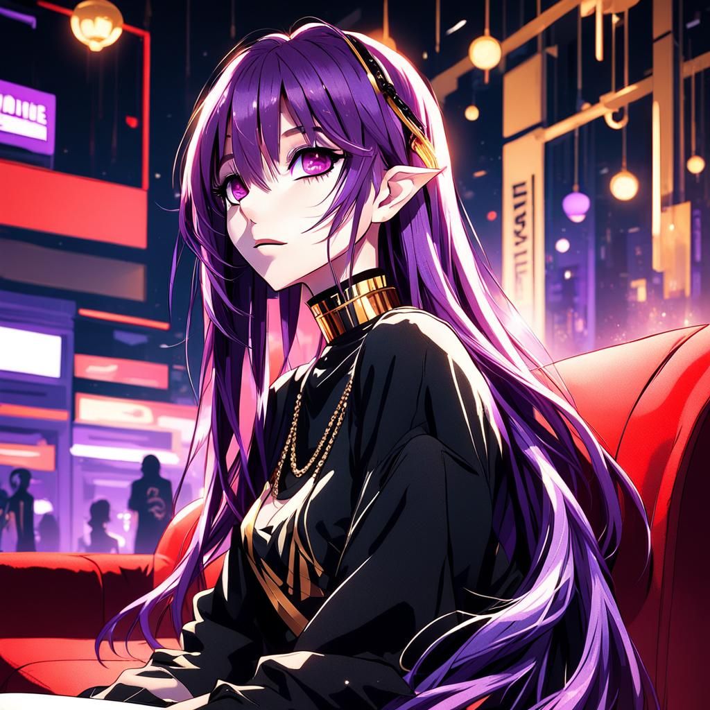 Anime Girl Portrait in Red Lit Nightclub