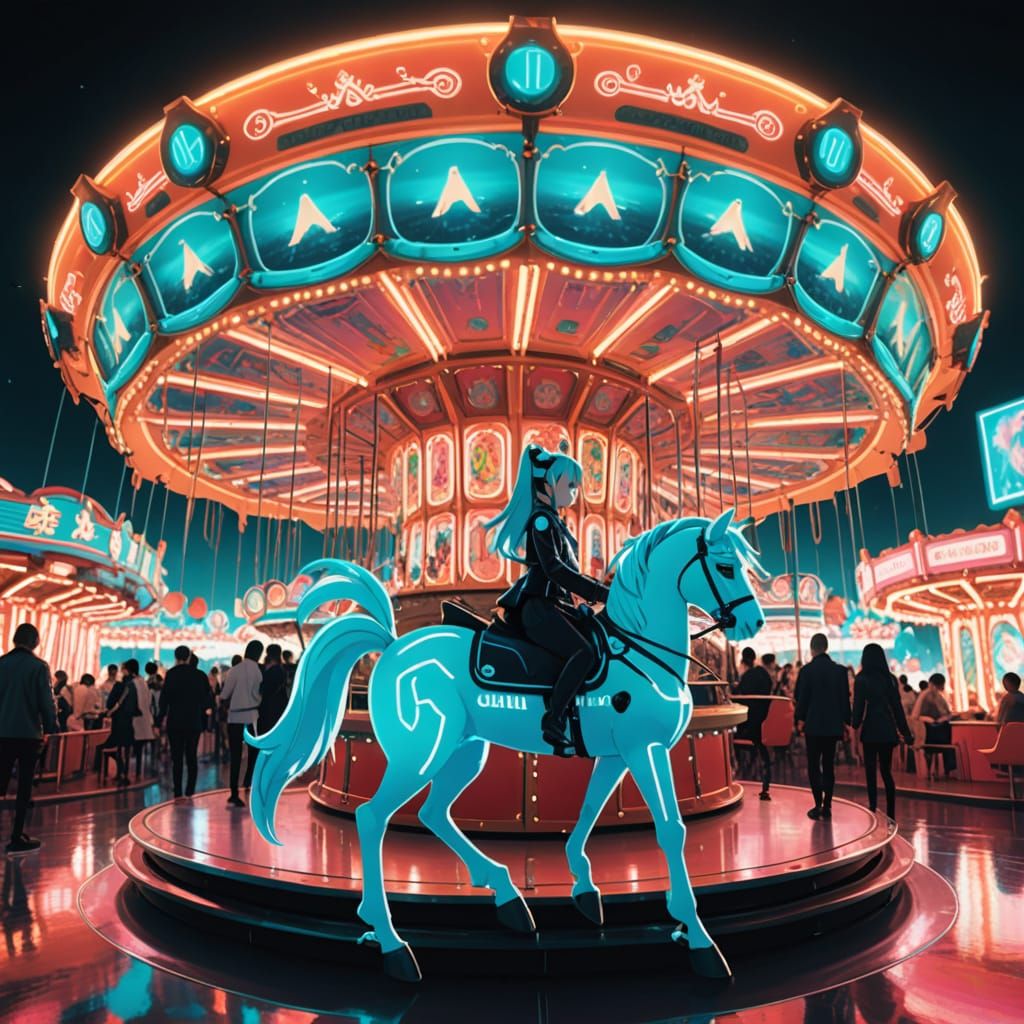Hatsune Miku on a Futuristic Cyberpunk Carousel