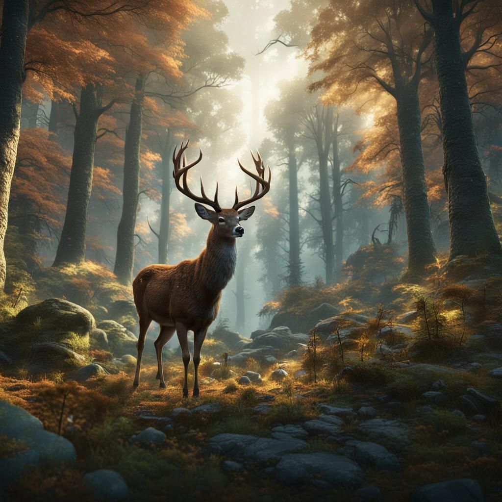 Deer in Forest: Detailed Matte Painting