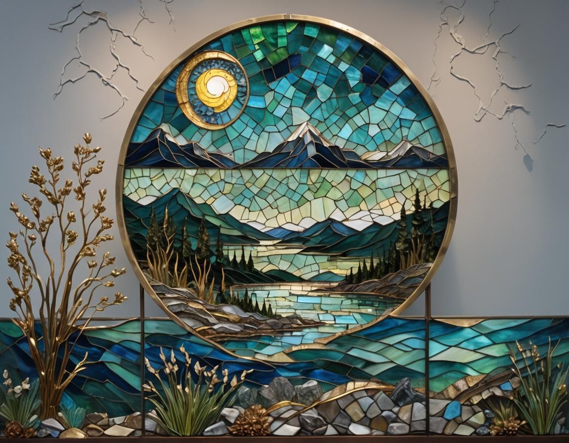 Stained Glass Triptych of Moonlit Mountain Lake