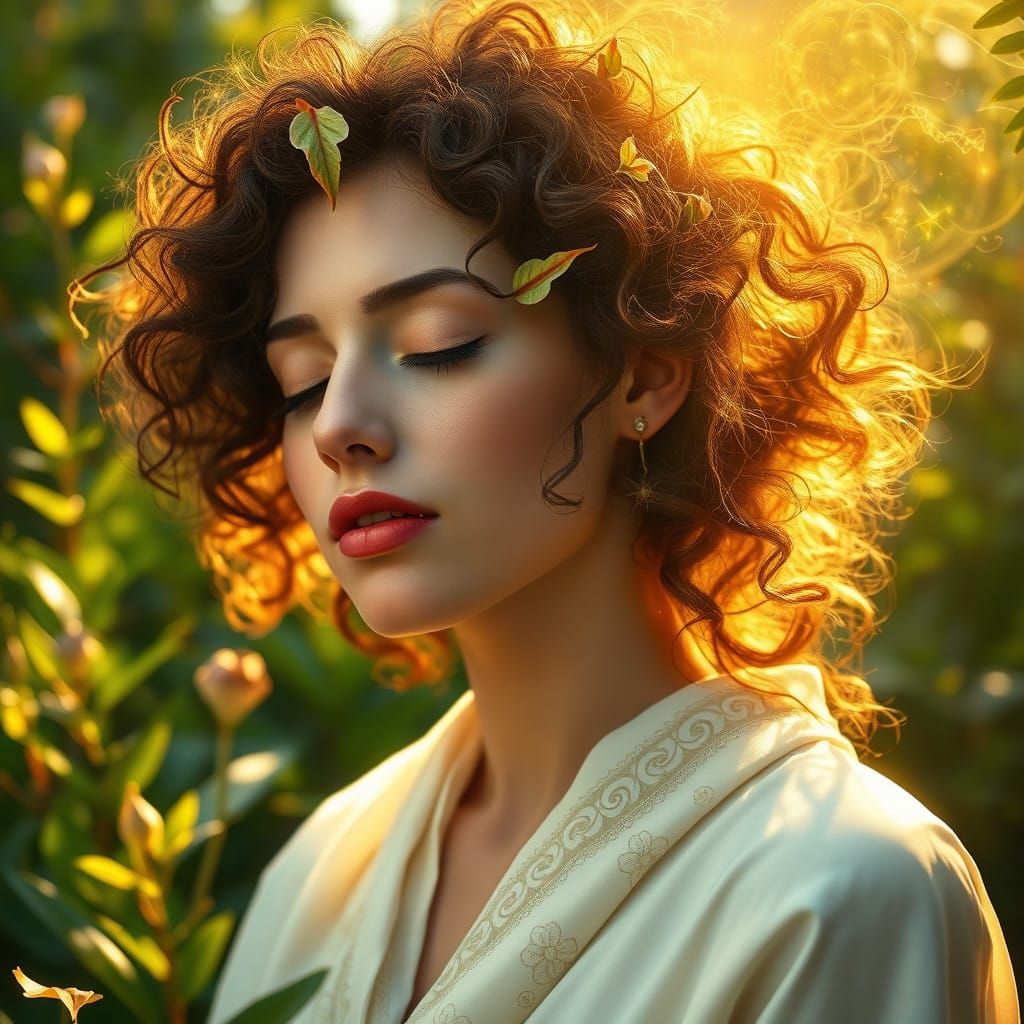 Serene Goddess in Lush Nature, Radiant with Divine Light