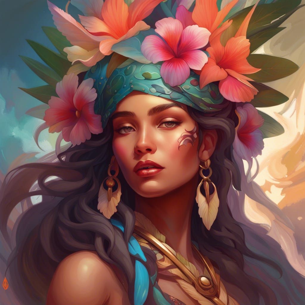 Hawaii Goddess Personified: Hyperdetailed Art Nouveau Portra...