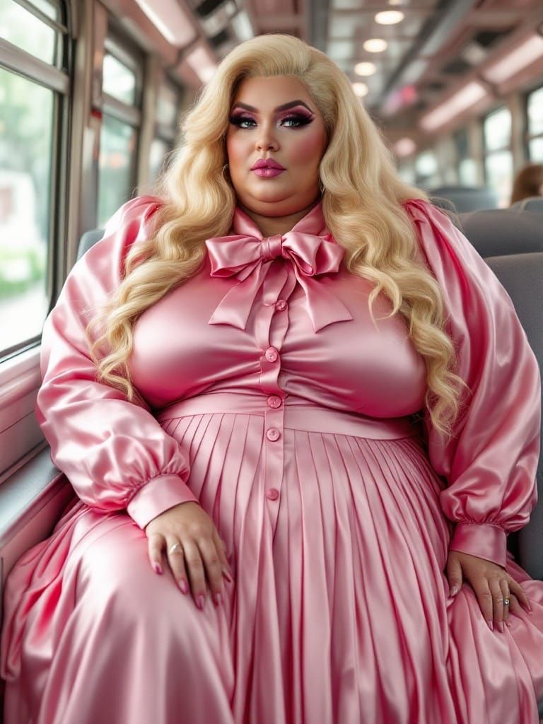 Sultry Drag Queen in Vibrant Satin Attire, Train Setting