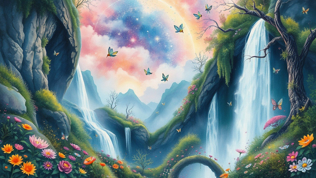 Mystical Forest Waterfall with Fairies: Watercolor Painting