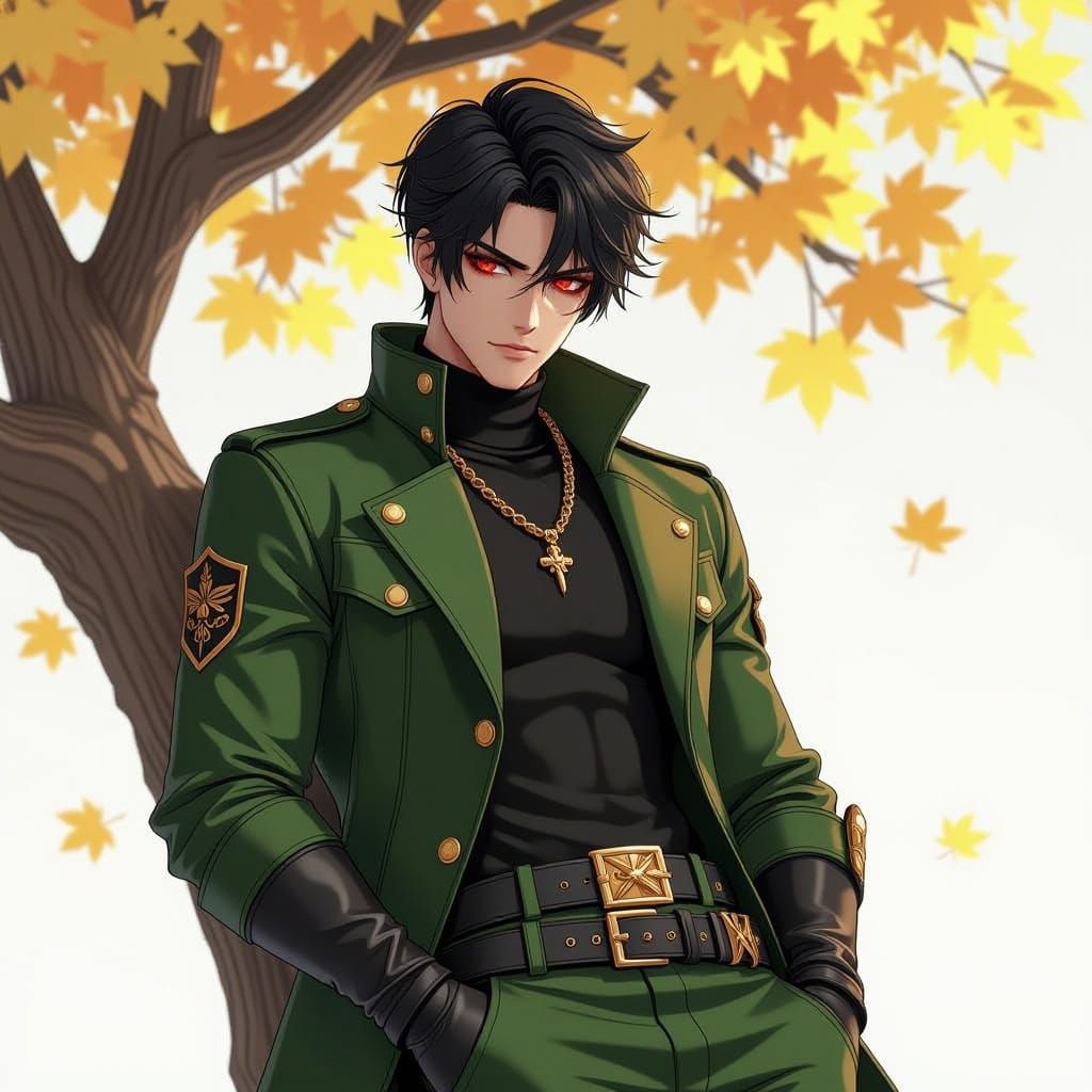 Detailed Anime Soldier Leaning Against Gold Tree