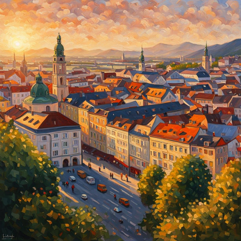 Neo-Impressionist Oil Painting of Linz at Golden Hour