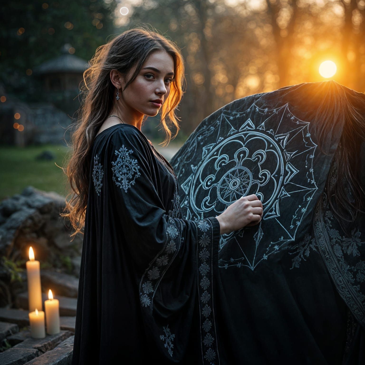 Ethereal Woman Creates Sacred Sigil in Golden Hour