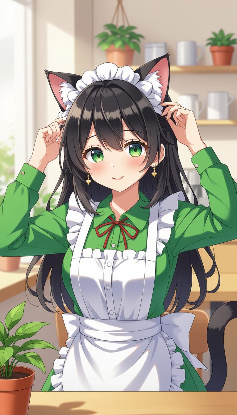 Anime Cat Girl Maid in Cozy Cafe