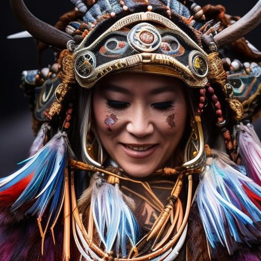 Viking Shaman: Black Ink Flow Gouache Painting