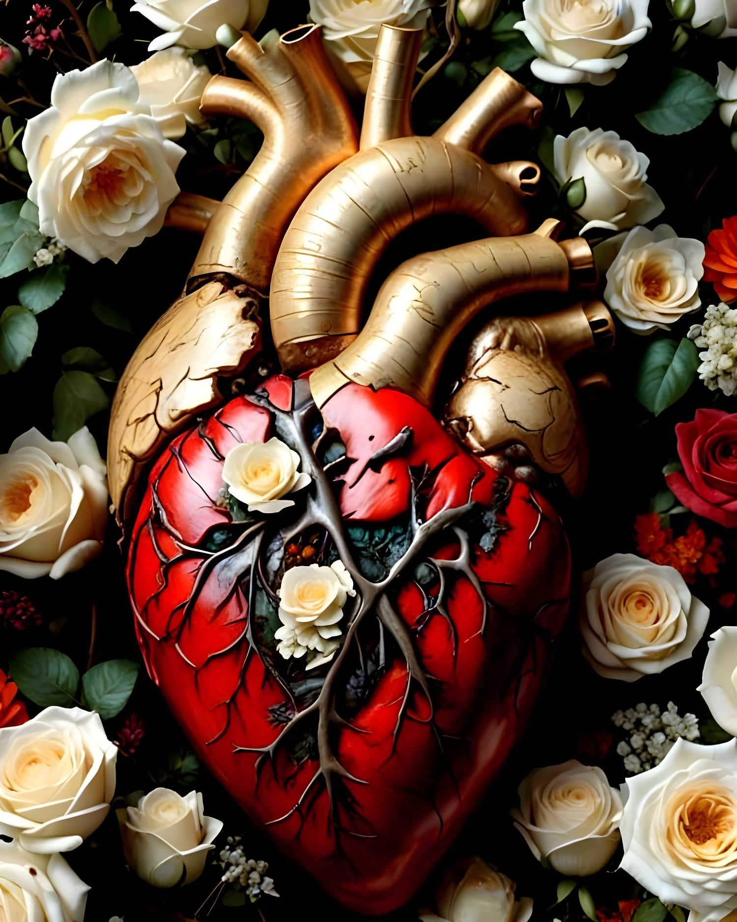 A Human Heart in Vibrant Bloom, Adorned with Wounds and Rose...
