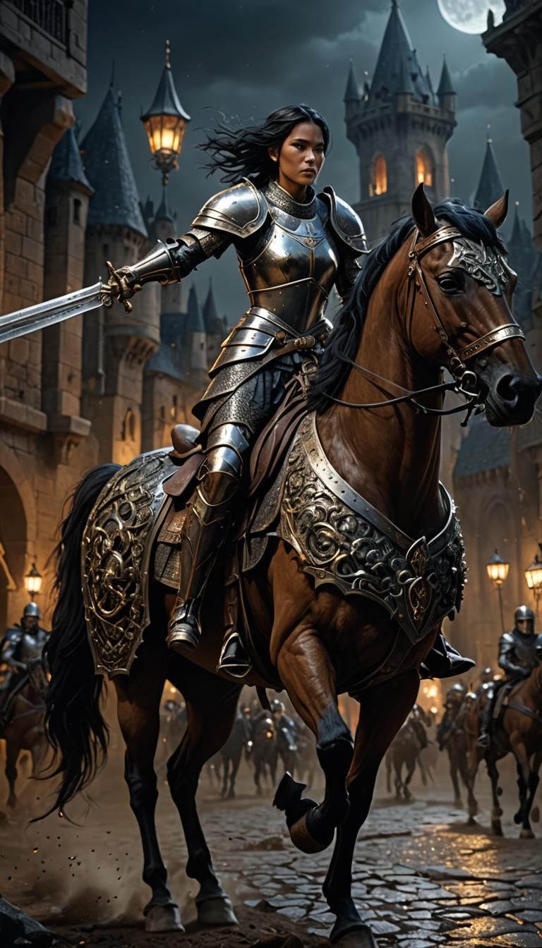 Armored Female Knight on Horse in Fantasy Art